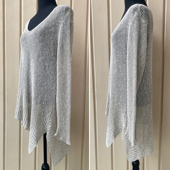 Eileen Fisher • Beige V-Neck Linen Cotton Blend Fishnet Asymmetrical Sweater - Picture 5 of 8